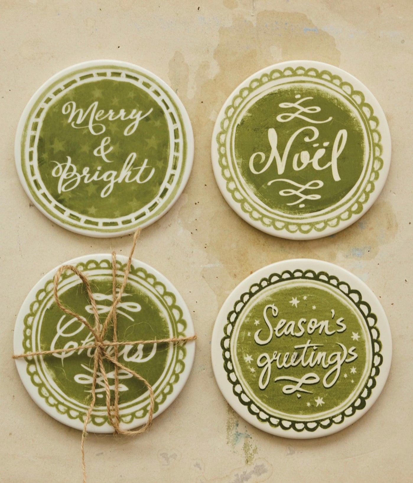 Stoneware Coasters with Holiday Design, Set of 4