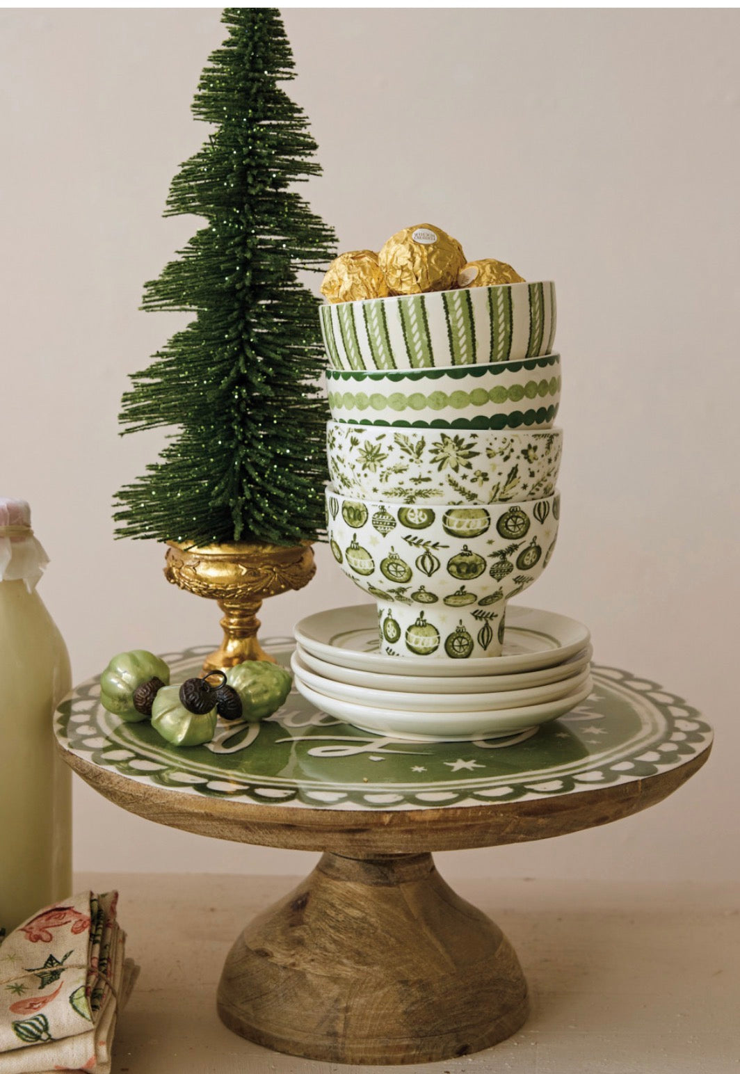 Enameled Mango Wood Pedestal "Season's Greetings", Natural