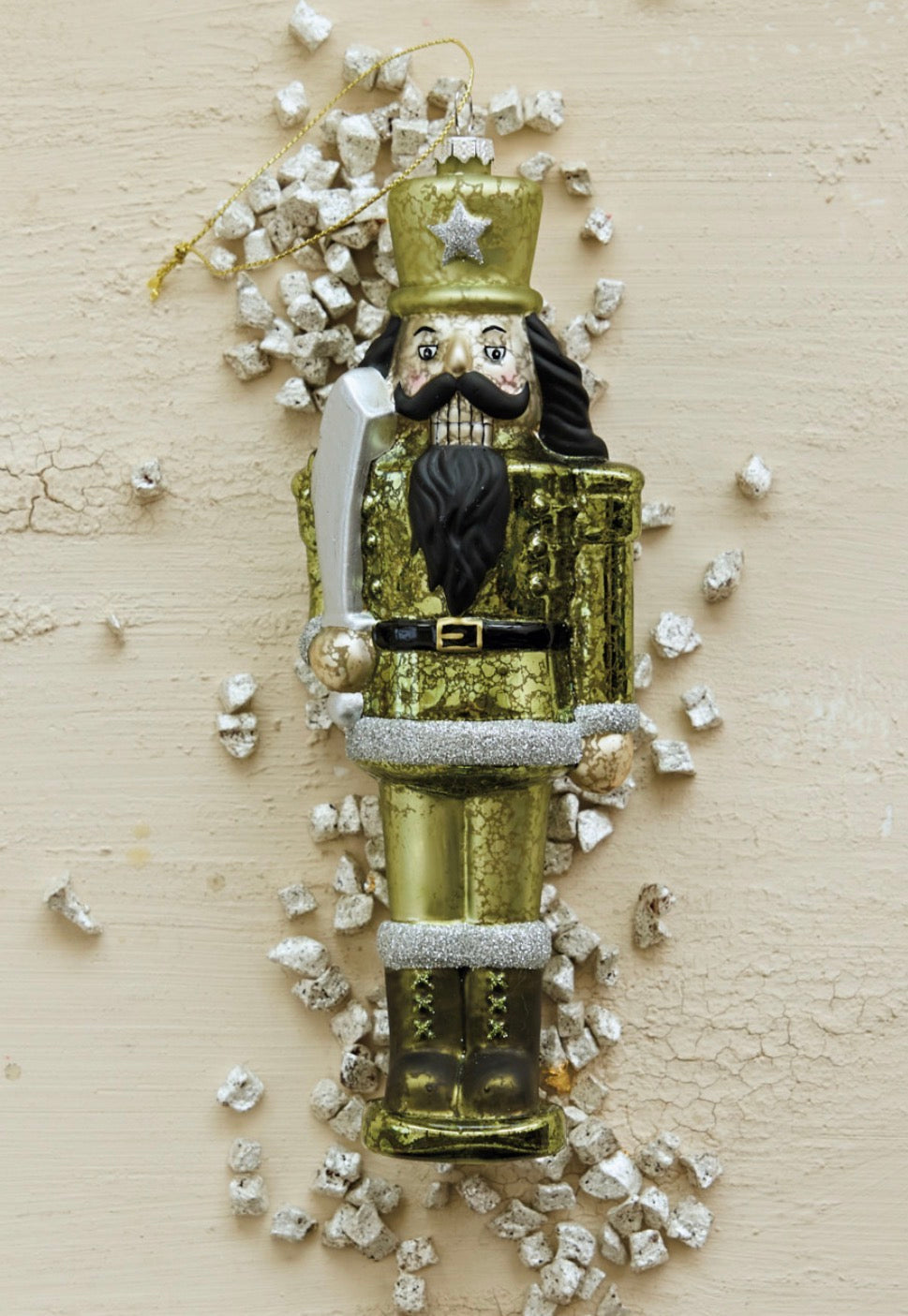 Glass Soldier Ornament with Glitter, Silver Finish & Green