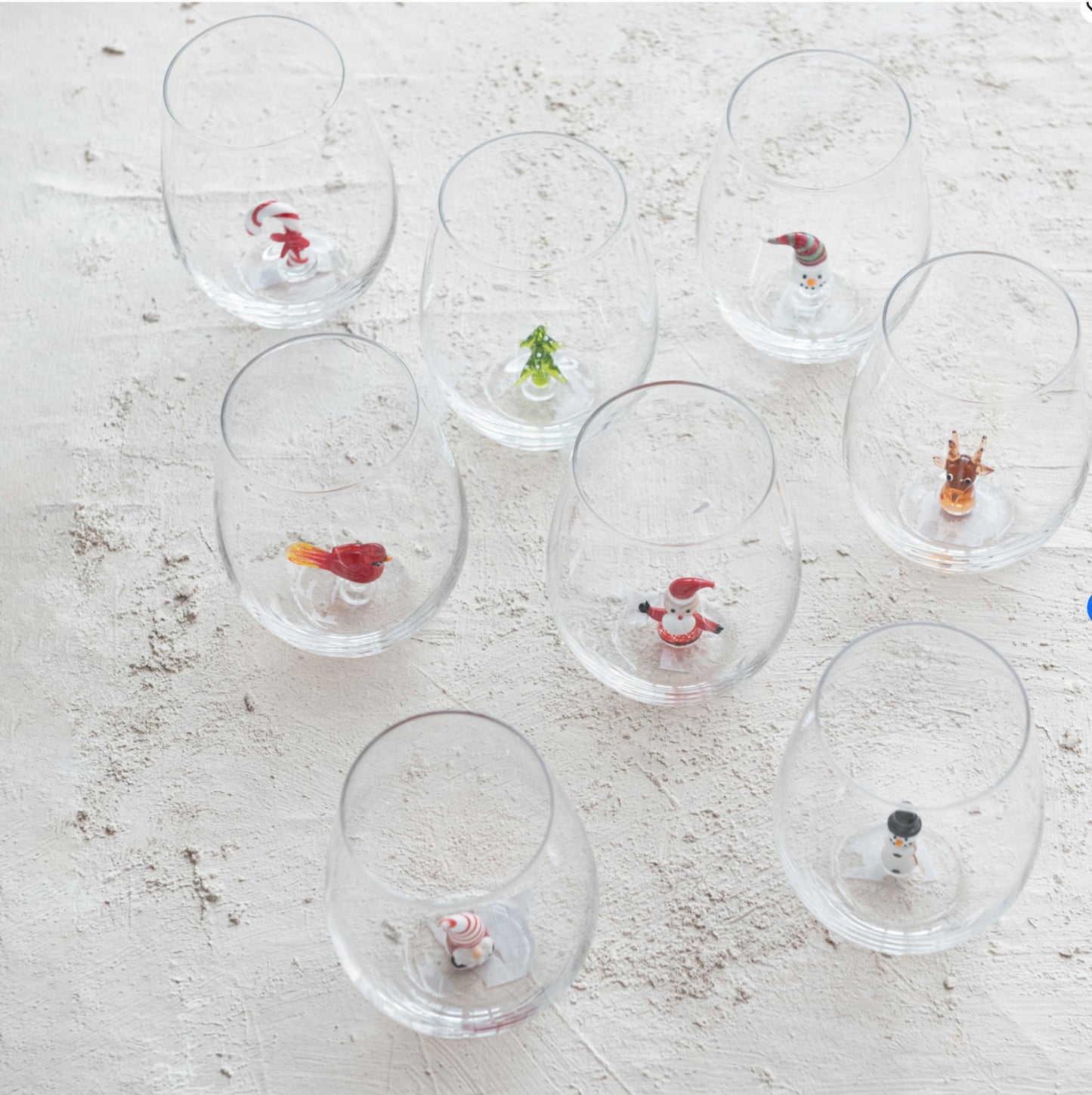 Stemless Wine Glass w/Holiday Figure Inside