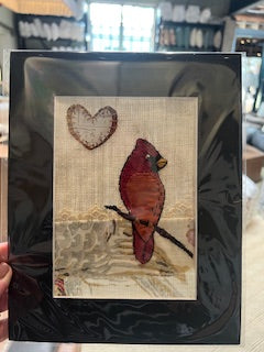 Textile Bird Art - Cardinal White Heart