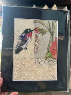 Textile Bird Art - Hummingbird Over Lace