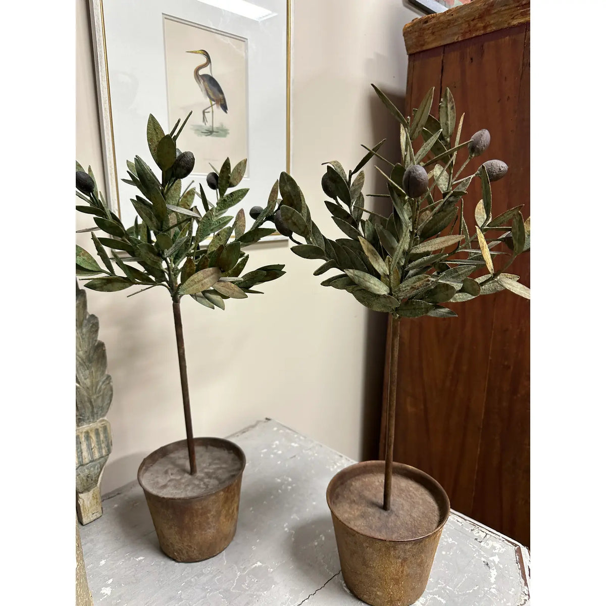 Pair of Vintage Style Tole Topiary Olive Tree