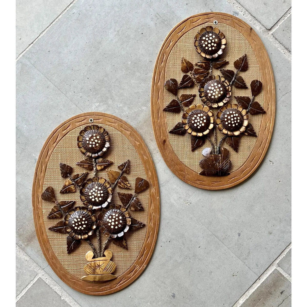 Mid 20th-Century Relief Carved Wooden Potted Daisies Wall Art Pair