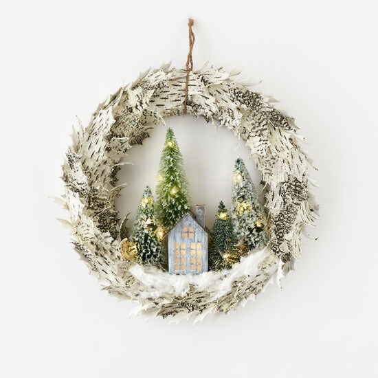 Lighted Wreath w/Church and Trees