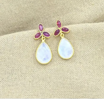 Cluster Earring Moonstone & Pink Tourmaline Gold Silver 925