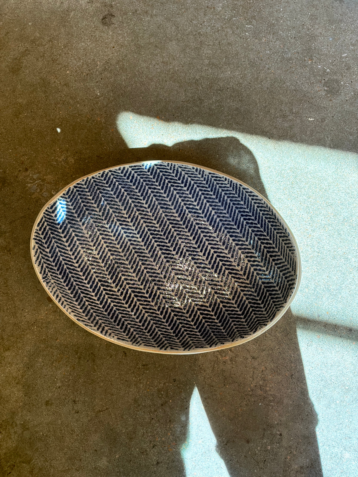 Medium Nested Oval Bowl Herringbone Cobalt