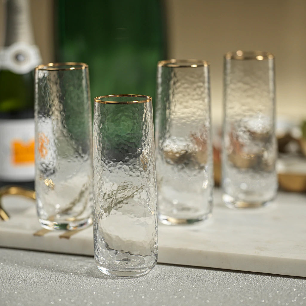 Negroni Hammered Stemless Glass - Clear with Gold Rim
