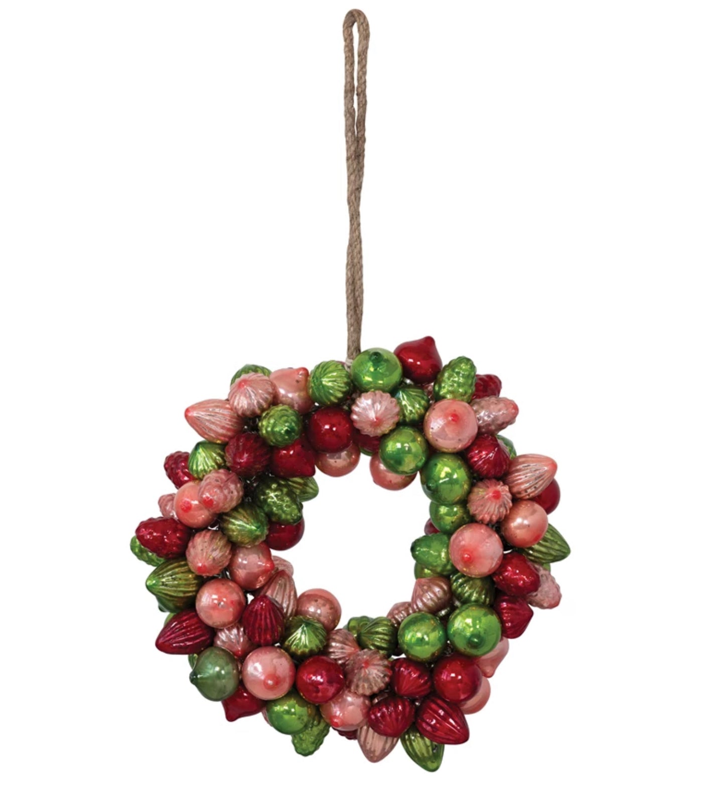 Round Mercury Glass Ornament Wreath, Red, Pink and Green