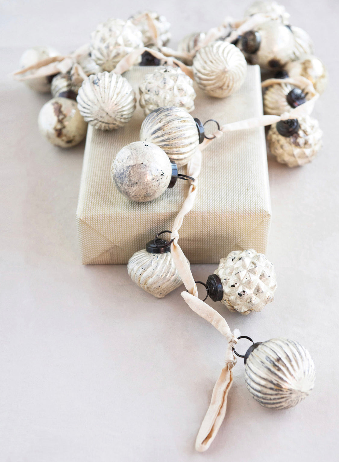 Embossed Mercury Glass Ball Ornament Garland Matte White
