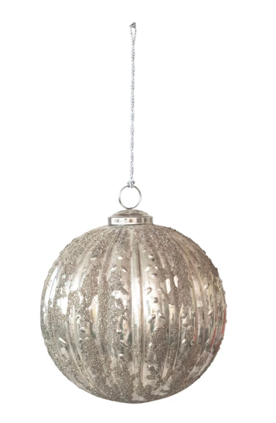 Round Embossed Flocked Glass Ball Ornament with Seed Glass, Distressed Silver Finish