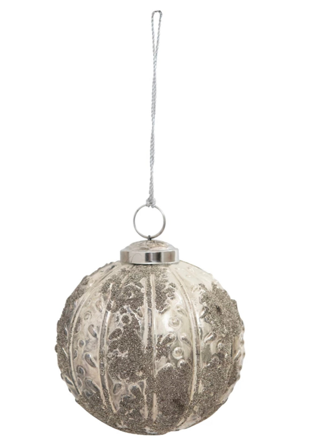 Round Embossed Flocked Glass Ball Ornament with Seed Glass, Distressed Silver Finish