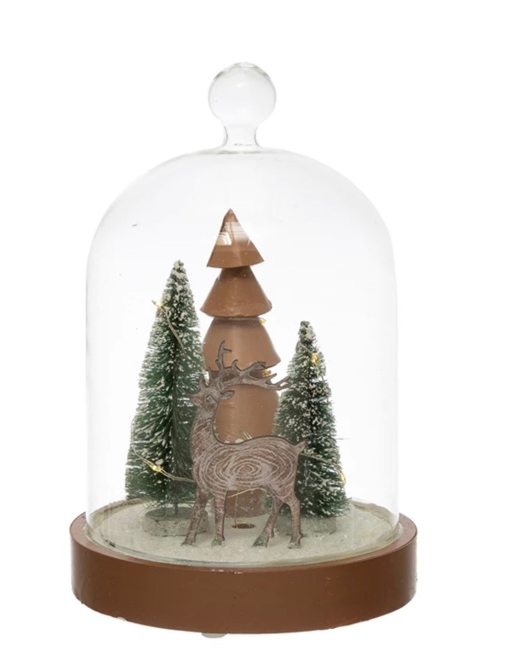 Glass Cloche with LED Lights, Laser Cut Deer and Trees