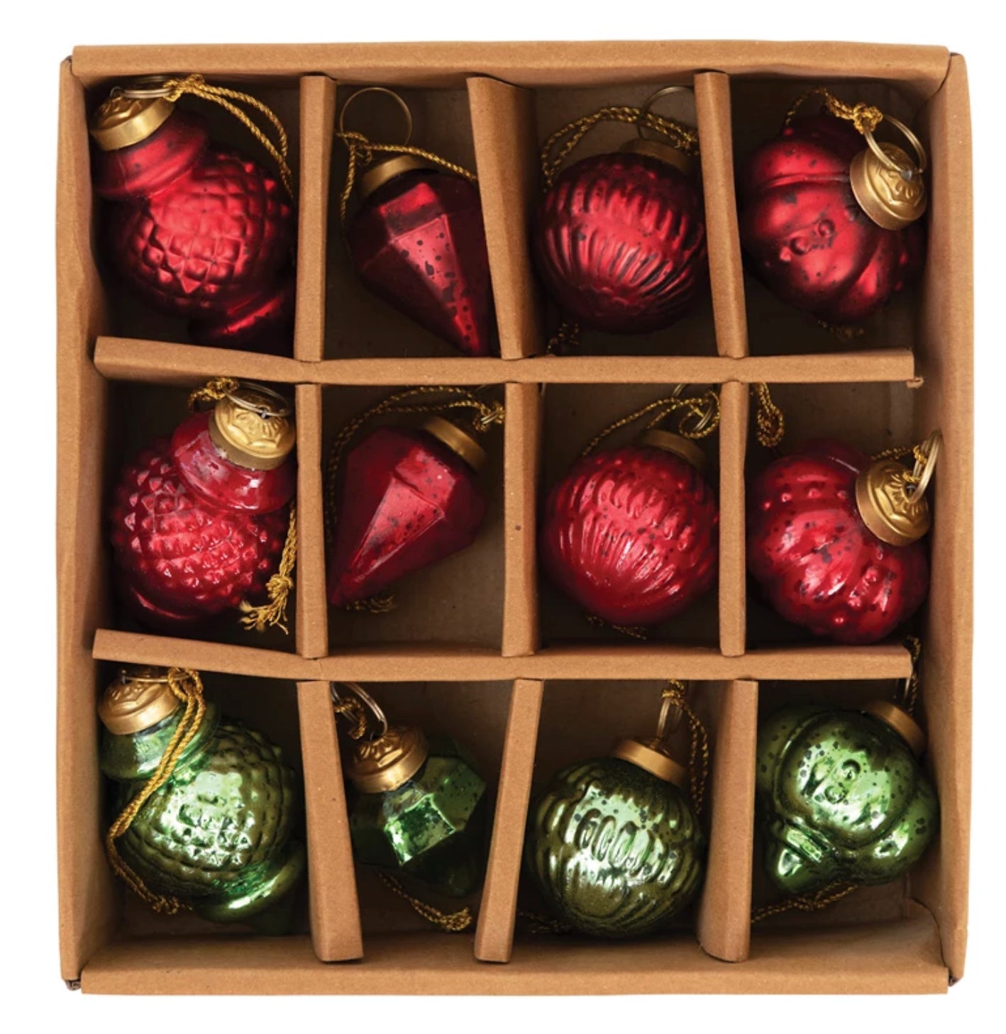 Embossed Mercury Glass Ornaments, Red and Green, Boxed Set of 12