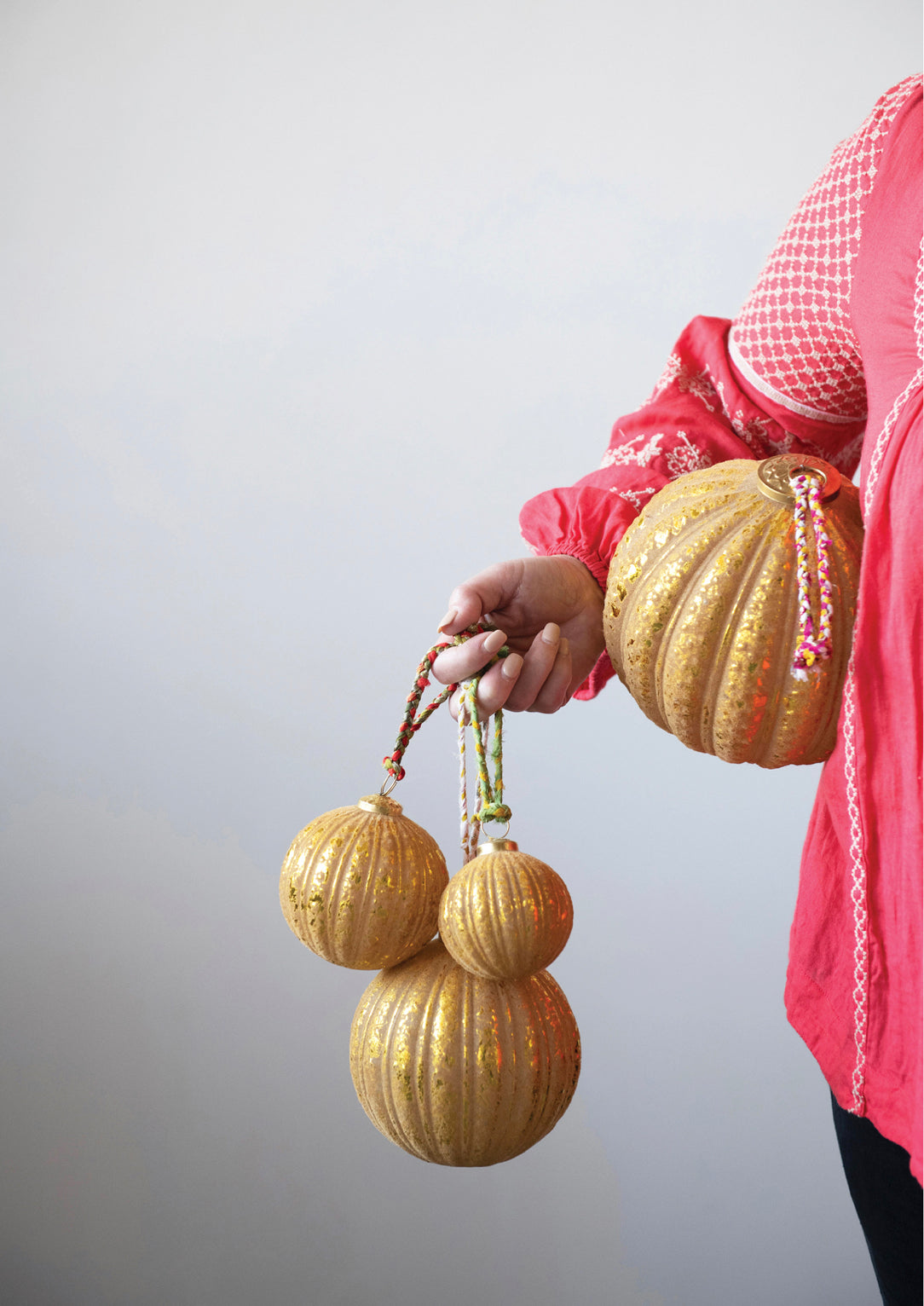 Round Embossed Flocked Glass Ball Ornament with Braided Sari Hanger, Blush and Gold Finish