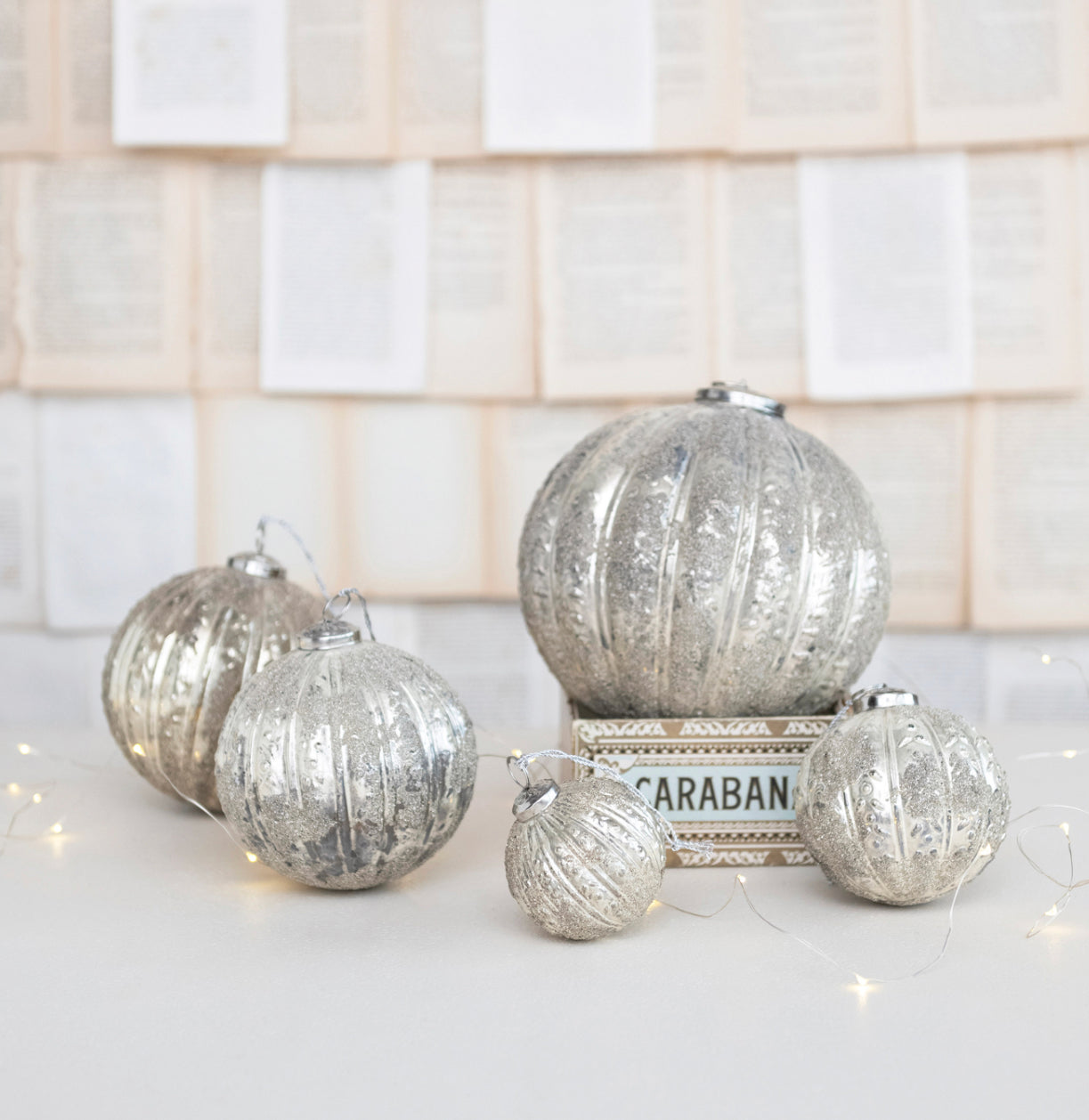 Round Embossed Flocked Glass Ball Ornament with Seed Glass, Distressed Silver Finish