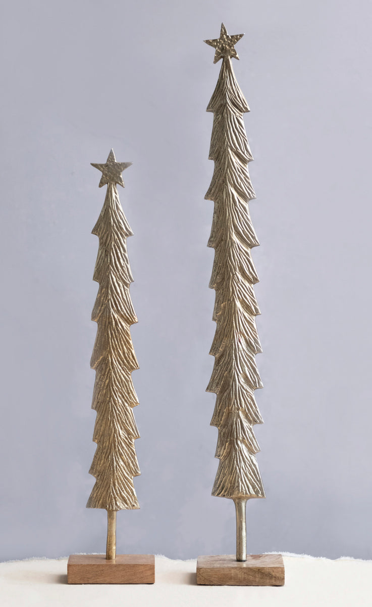 Metal Christmas Tree with Mango Wood Base, Brass Finish TA Lorton