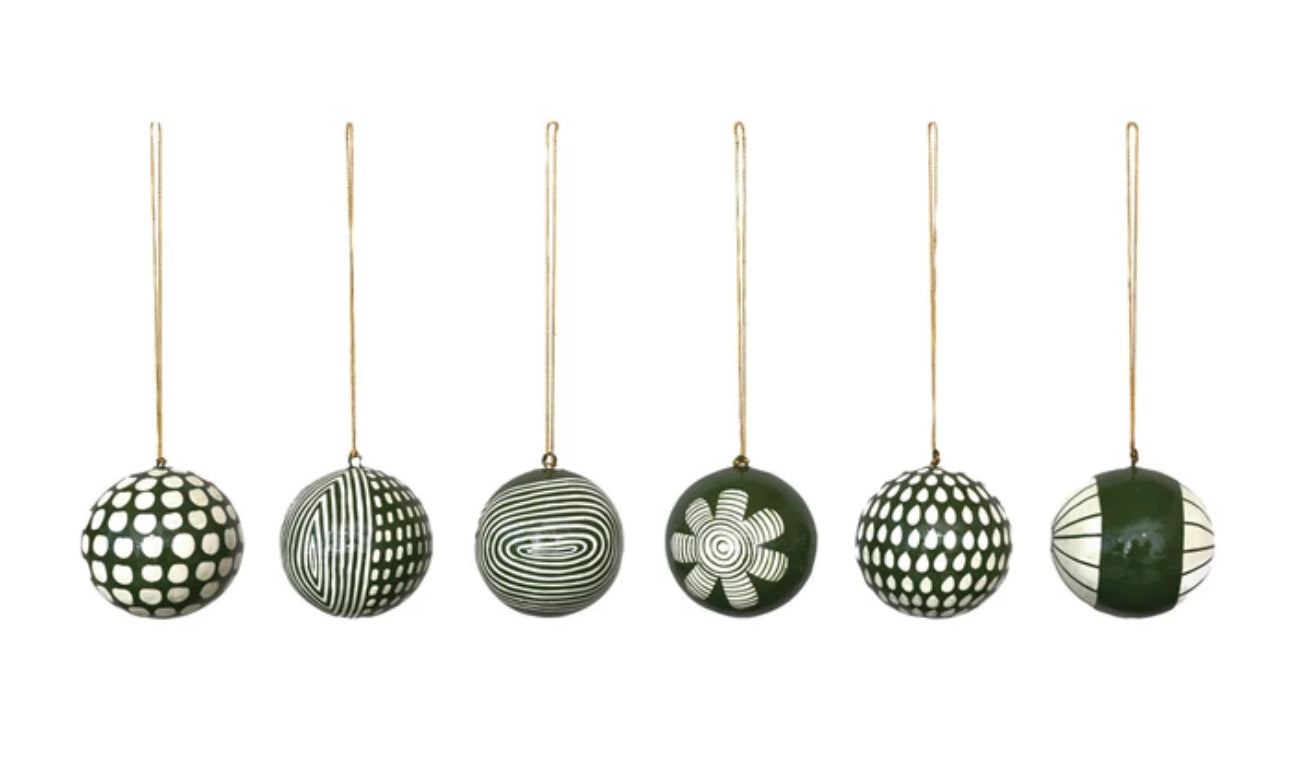 3" Round Hand-Painted Paper Mache Ball Ornament with Pattern, Green and White, 6 Styles