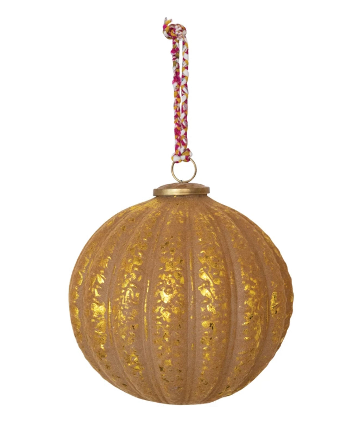 Round Embossed Flocked Glass Ball Ornament with Braided Sari Hanger, Blush and Gold Finish
