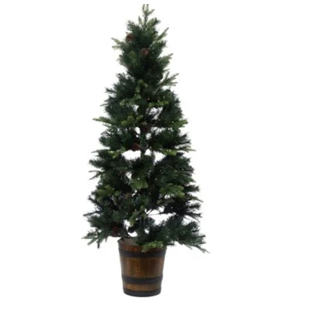 Pre-Lit Faux Pine Tree in Faux Wood Barrel