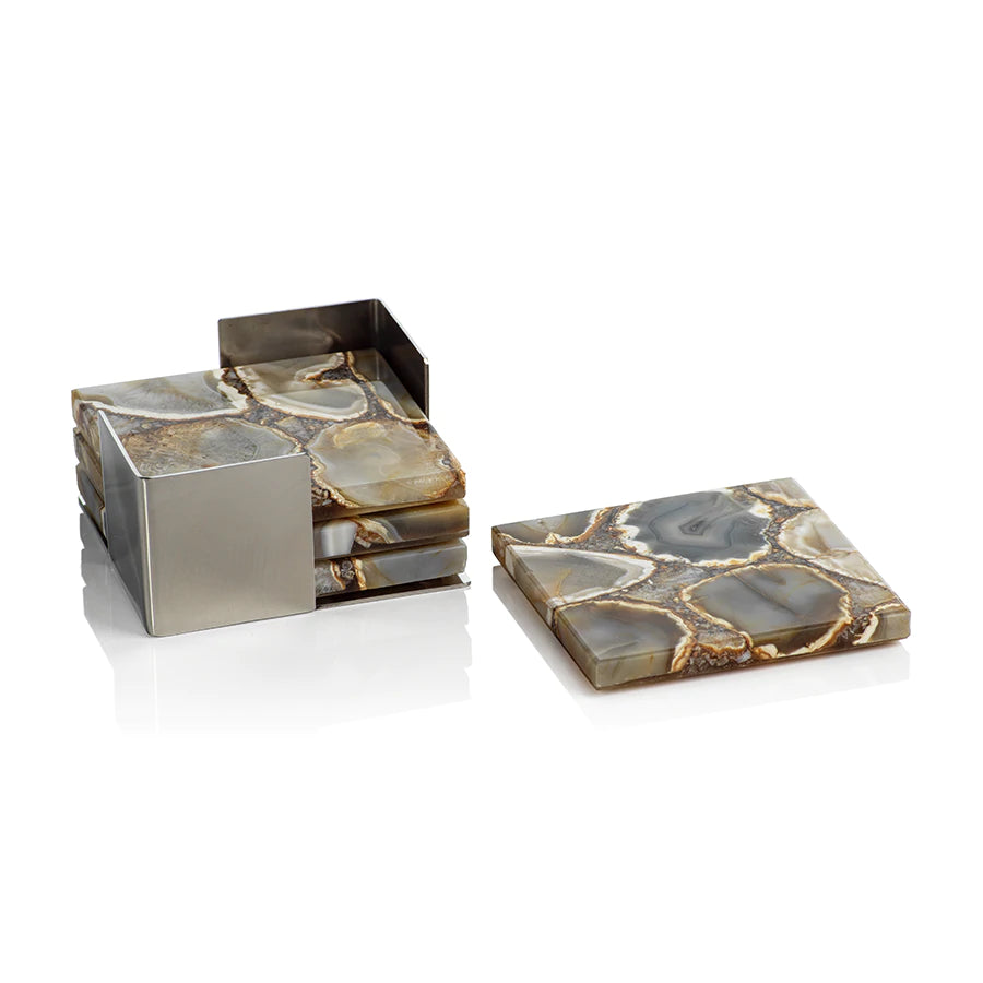 Crete Agate Coasters on Metal Tray