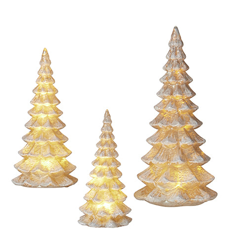LIGHTED SNOWY MERCURY GLASS TREES