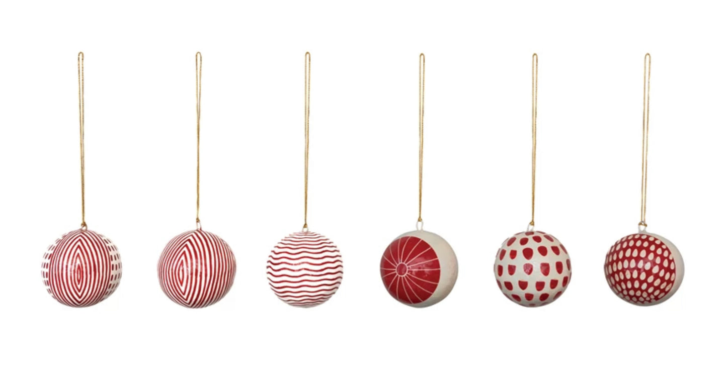 3" Round Hand-Painted Paper Mache Ball Ornament with Pattern, Red and White
