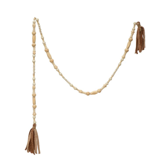 72"L Paulownia Wood Bead Garland with Fabric Tassels