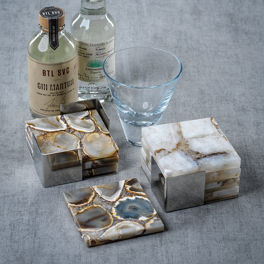 Crete Agate Coasters on Metal Tray