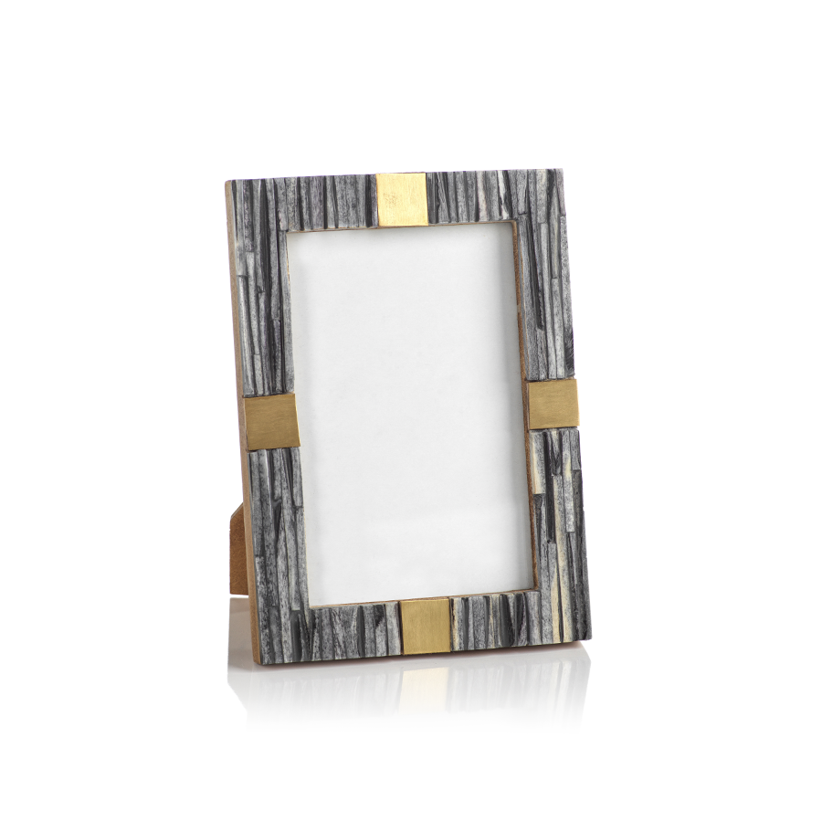 Ribbed Gray Bone Photo Frame with Brass Accent