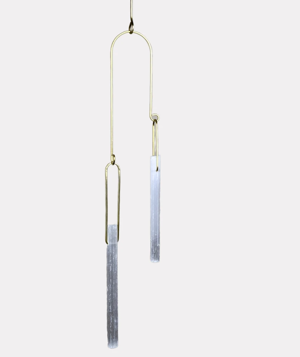 Wall Gem - Double Selenite + brass wall hanging