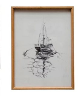 Wood Framed Glass Wall Décor Ship