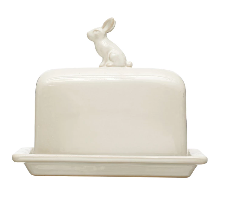 Stoneware Butter Dish with Rabbit Finial