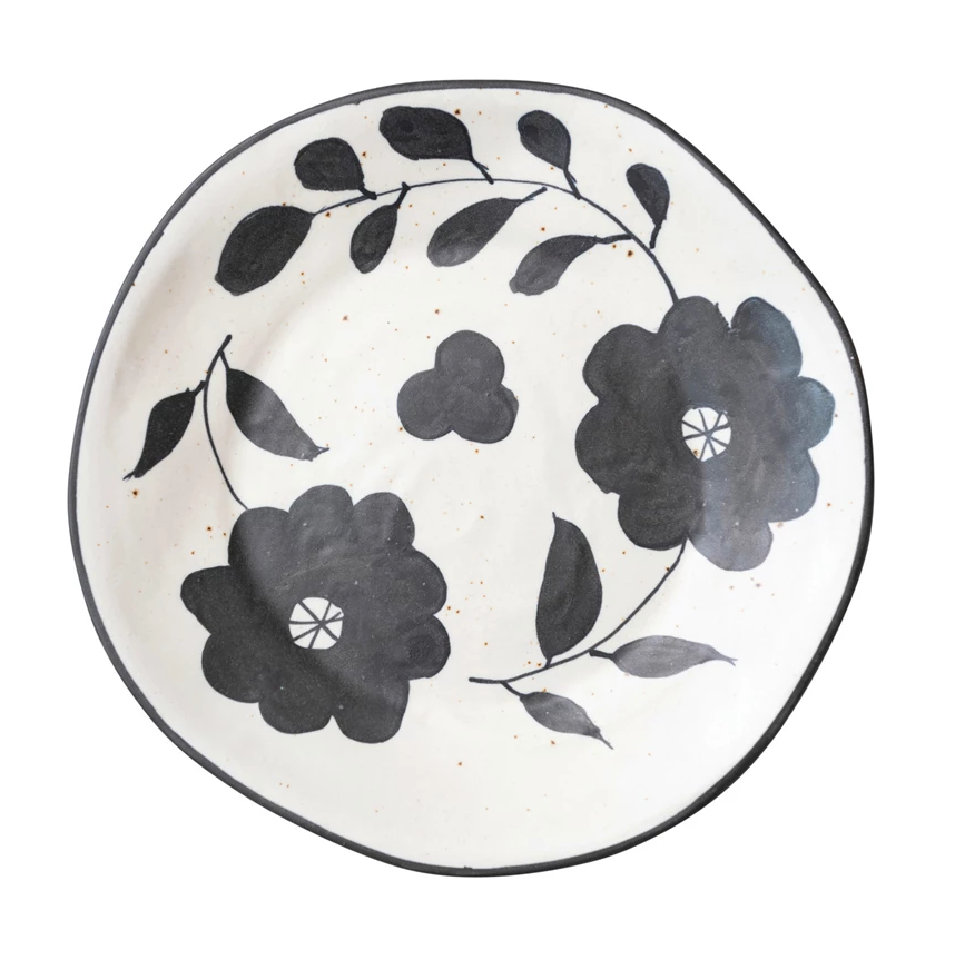 Hand Painted Stoneware Plate with Floral Design