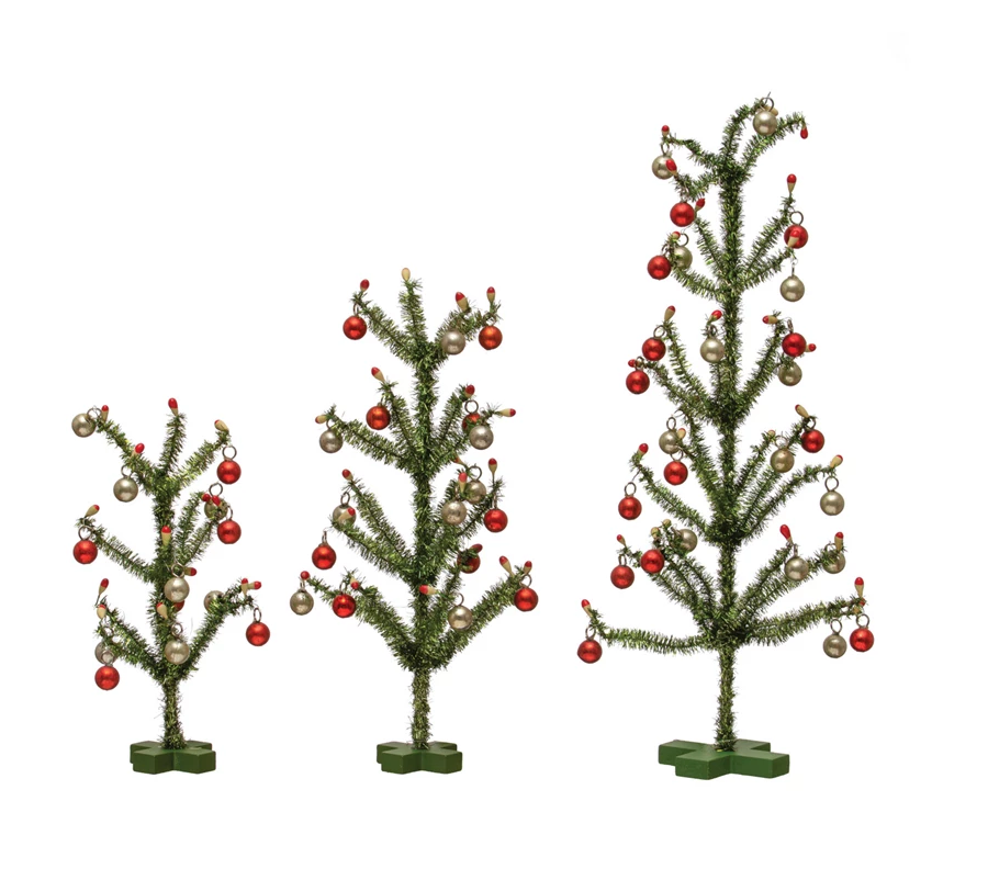 Tinsel Trees with Red and Silver Ornaments