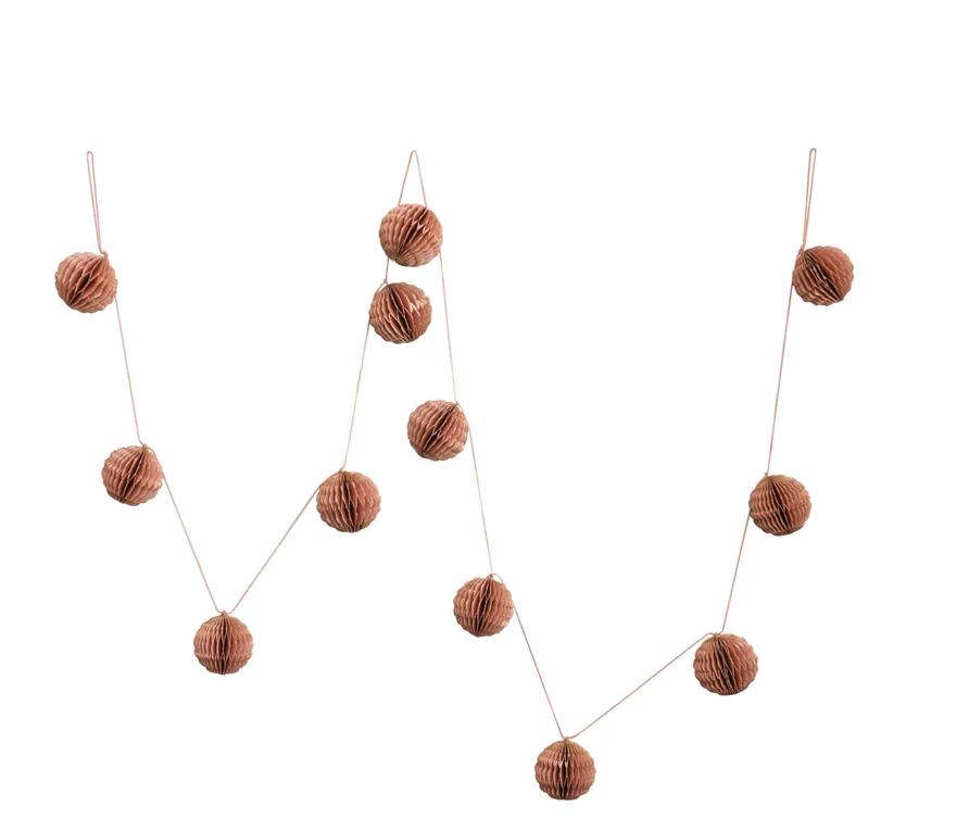 Handmade recycled Paper Honeycomb Ball Garland with Gold Glitter- Peach Color