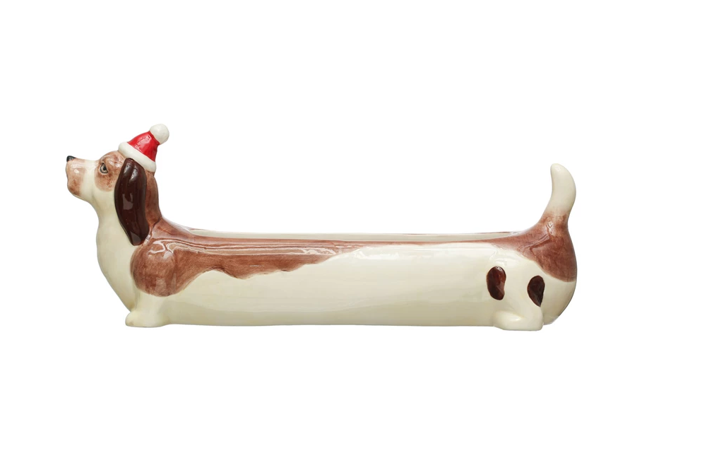 Hand Painted Ceramic Dog Cracker Dish with Santa Hat