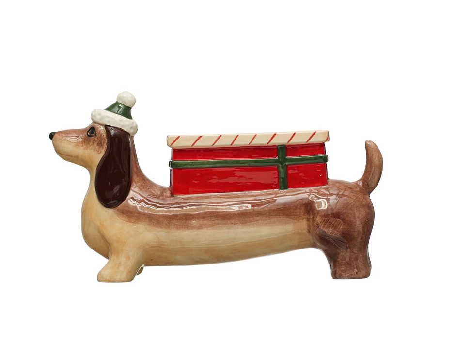 Hand-Painted Ceramic Dog, Santa Hat, With gift Planter