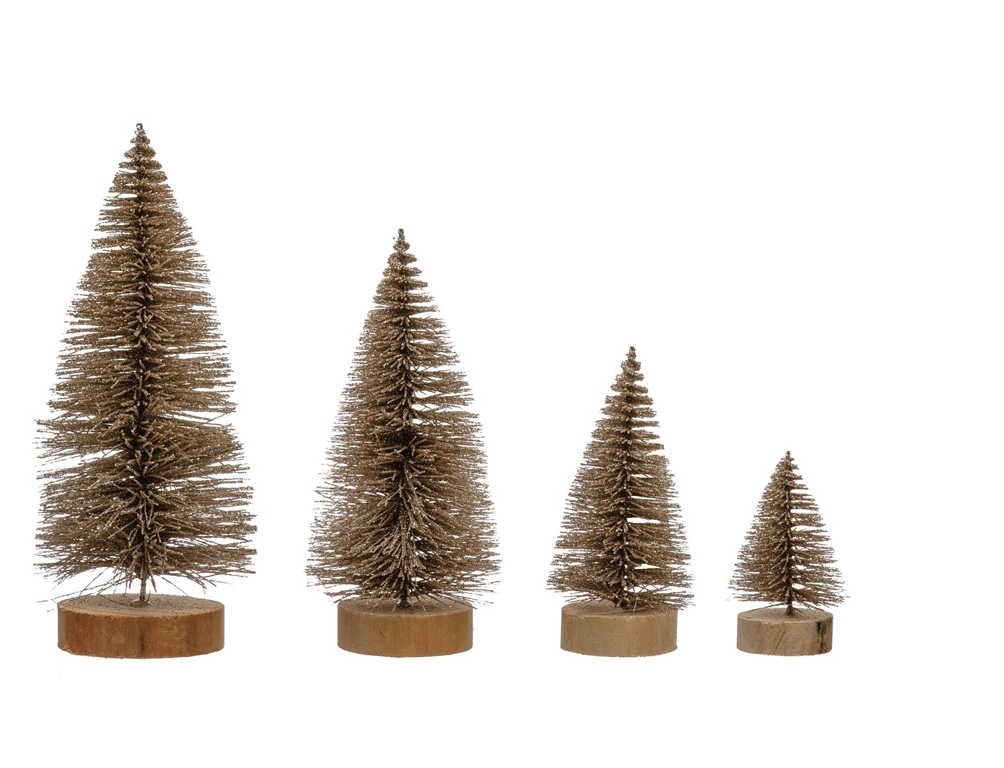 Set of 4 Bottle Brush Trees with Wood Bases Set