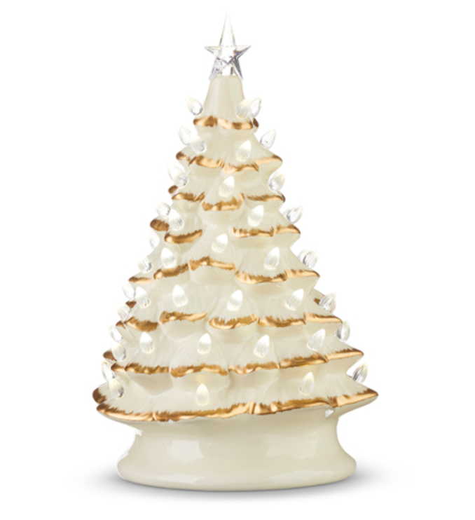 13.25" Vintage Lighted Tree White and Gold