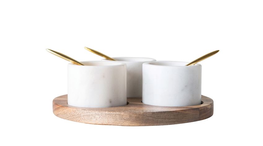 Acacia Wood Board w/ 3 Marble Pinch Pot