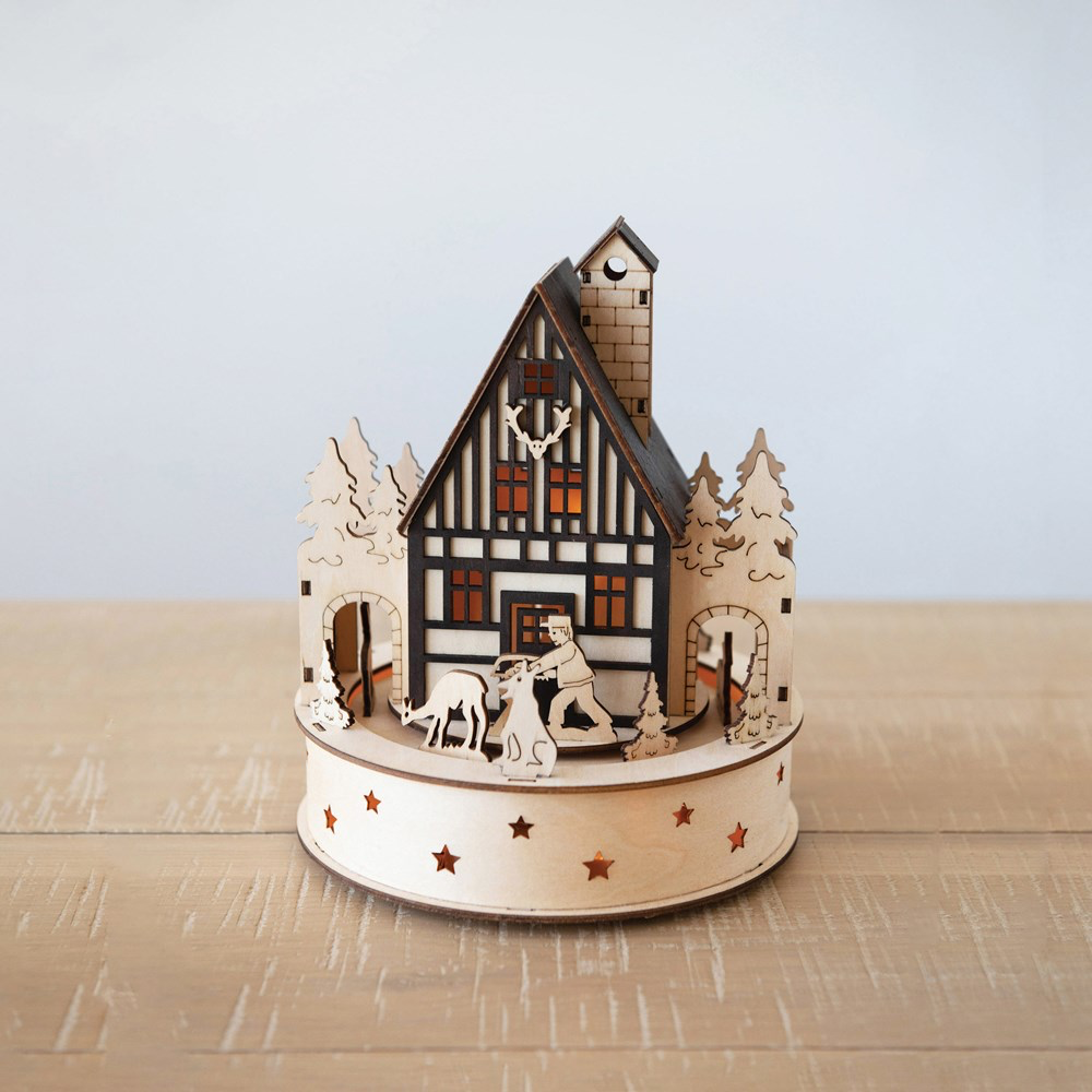 Wood Laser Cut Lodge w/ Rotating Deer