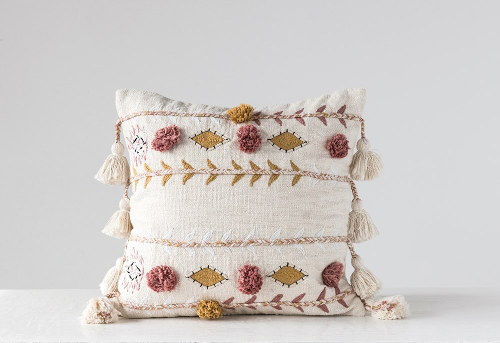 20" Square Cotton Embroidered Pillow