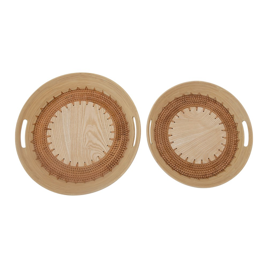 Decorative Hand-Woven Rattan & Oak Wood Veneer Trays