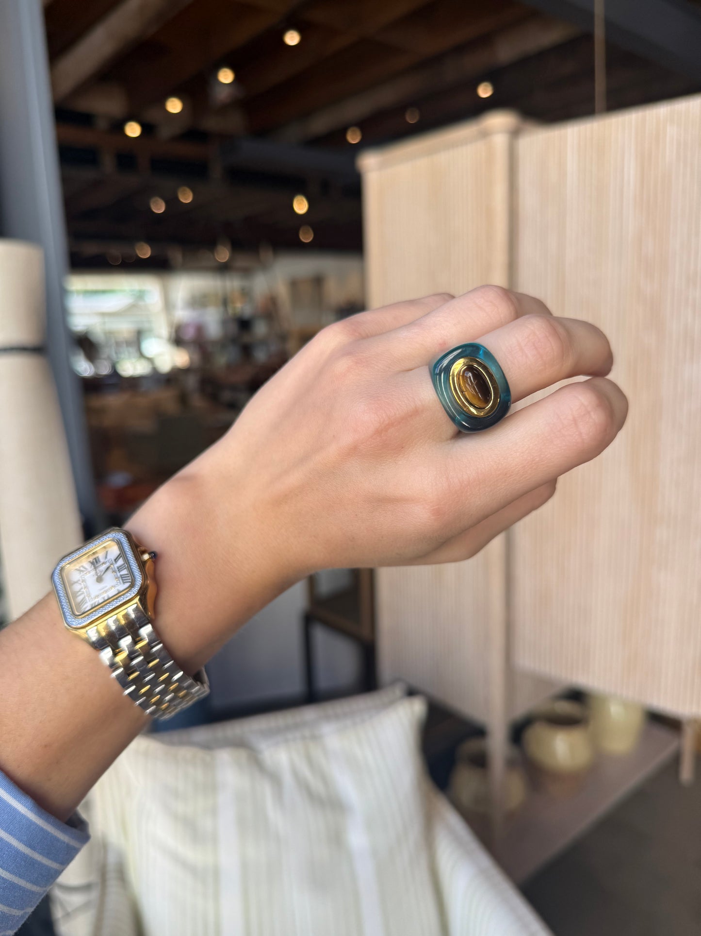 Deep Sea Blue Resin Tiger Eye Ring