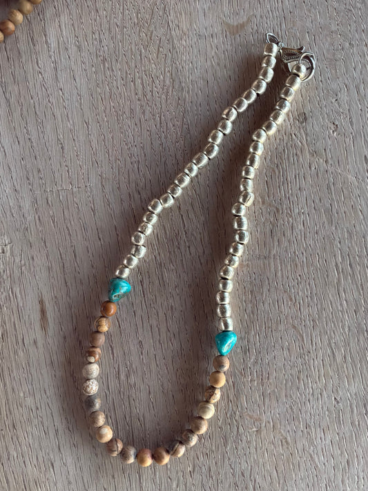 Silver Turquoise Brown Bead Necklace