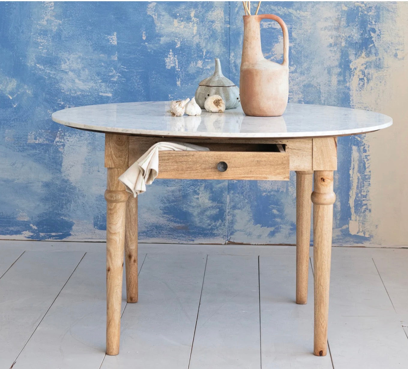 Wood Dining Table with Drawer & Marble Top