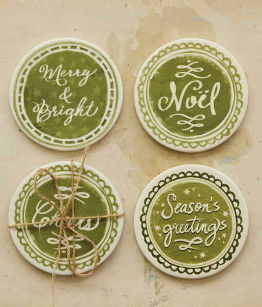 Stoneware Coasters with Holiday Design, Set of 4