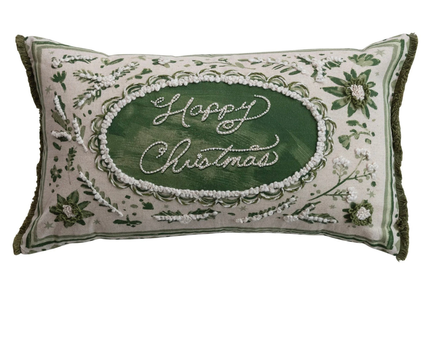 Cotton & Linen Lumbar Pillow with Embroidery, Beads & Eyelash Fringe