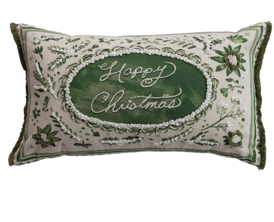 Cotton & Linen Lumbar Pillow with Embroidery, Beads & Eyelash Fringe